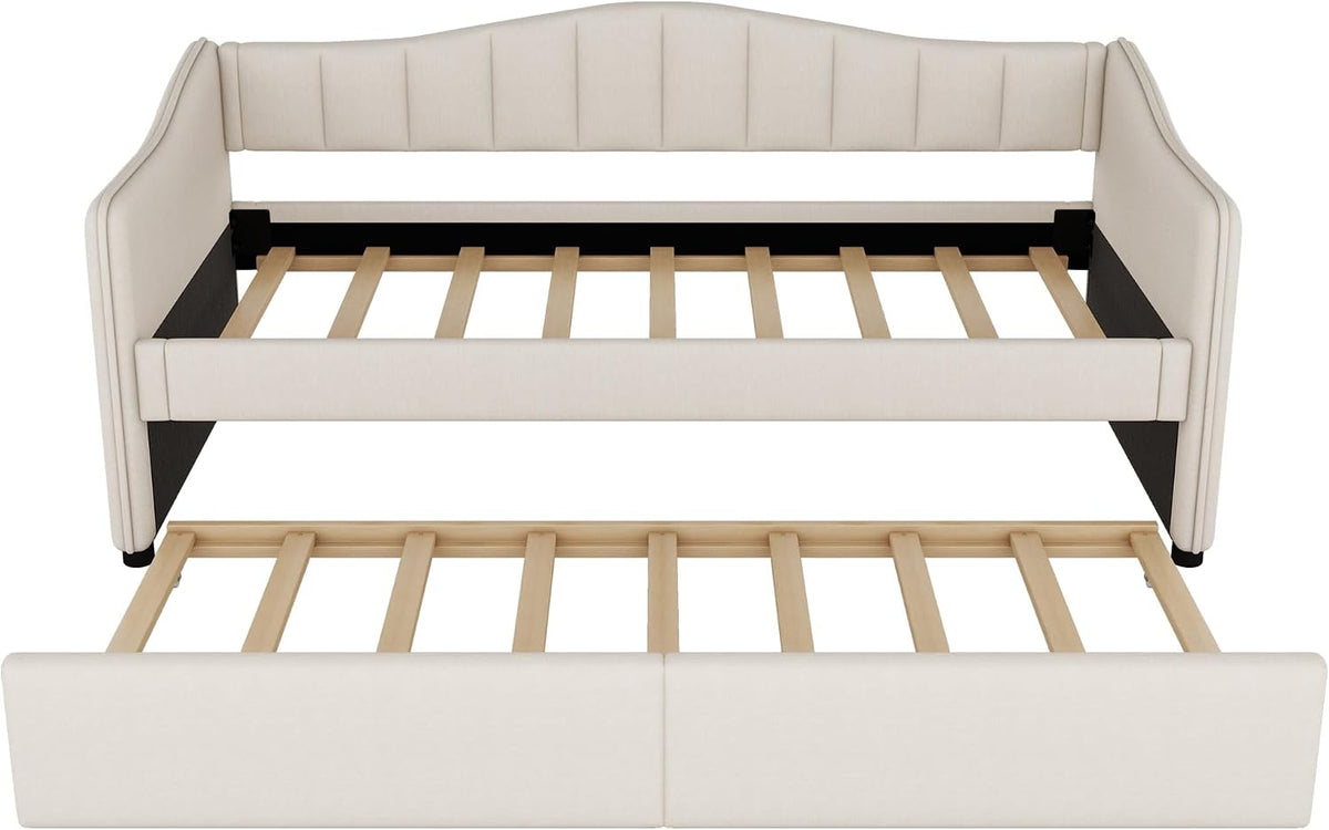 Cama de día, 90 x 200 cm, con cama extraíble, sofá cama, cama individual (sin colchón), diseño de luz ambiental, lino, estilo minimalista (beige)