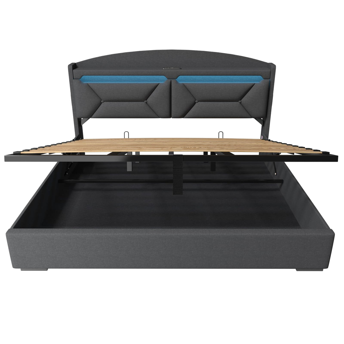 Cama 90x200 cm con Almacenamiento, Cama Individual con LED, Puertos USB y Type-C, Somier 90x200 Hidráulico, Camas Juveniles Camas Infantiles con Cabecero, Lino, Beige, Colchón No Incluido