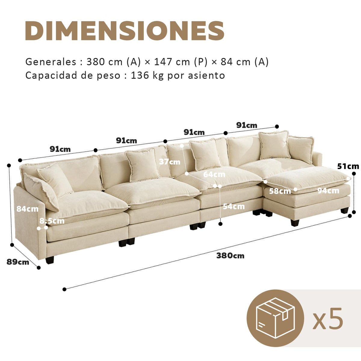 Sofá Modular Modular de 380.0 cm en Forma de L, sofás Convertibles de Gran tamaño, sofá de felpilla de 4 plazas con Asiento Profundo SleeperCloud con Almohadas y 2 otomanas para Sala de