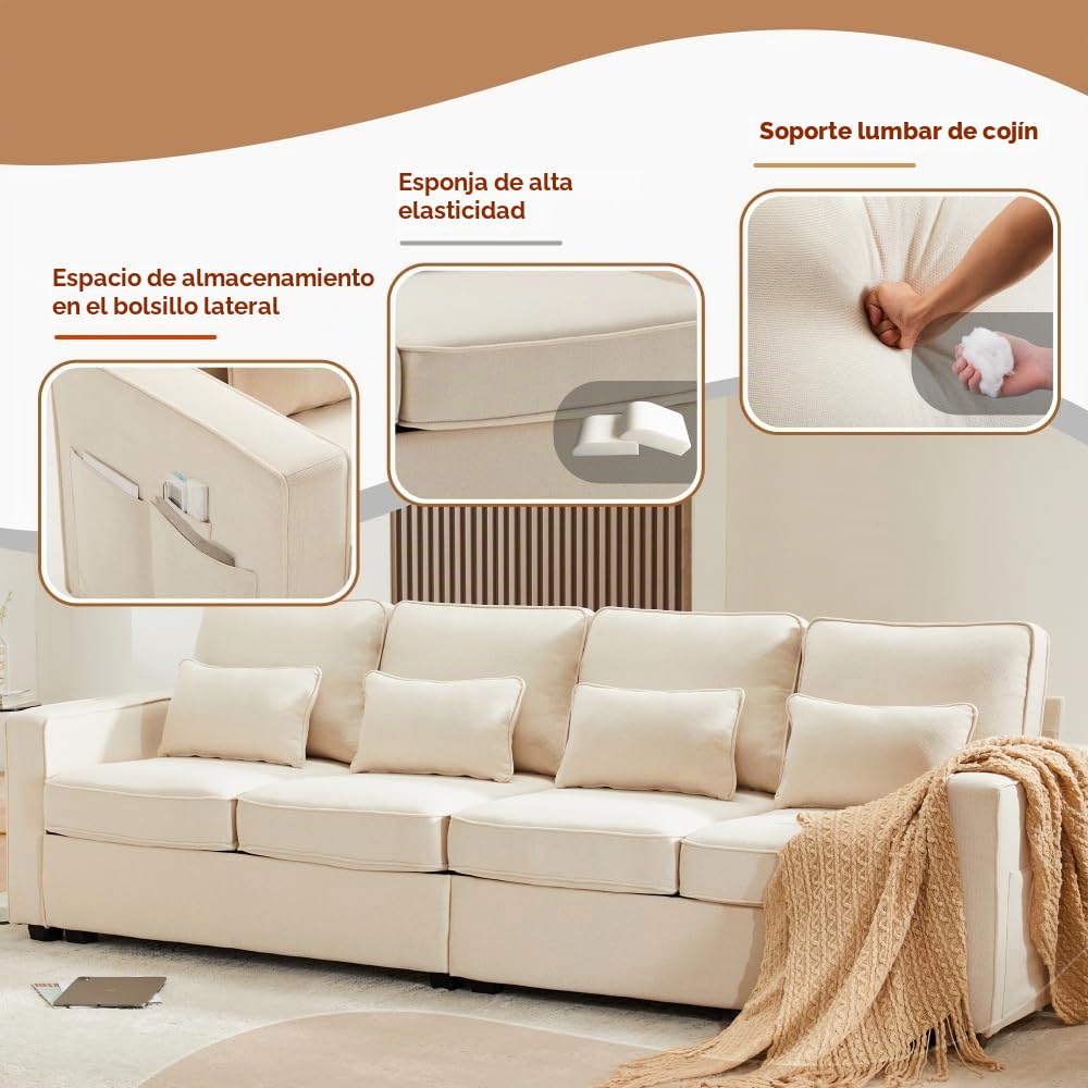 Lubvtti Sofá moderno de 4 plazas con bolsillos para reposabrazos y 4 cojines, con consola, 2 portavasos y 2 enchufes USB, de lino, adecuado para muchas ocasiones (Dark Gris+USB)