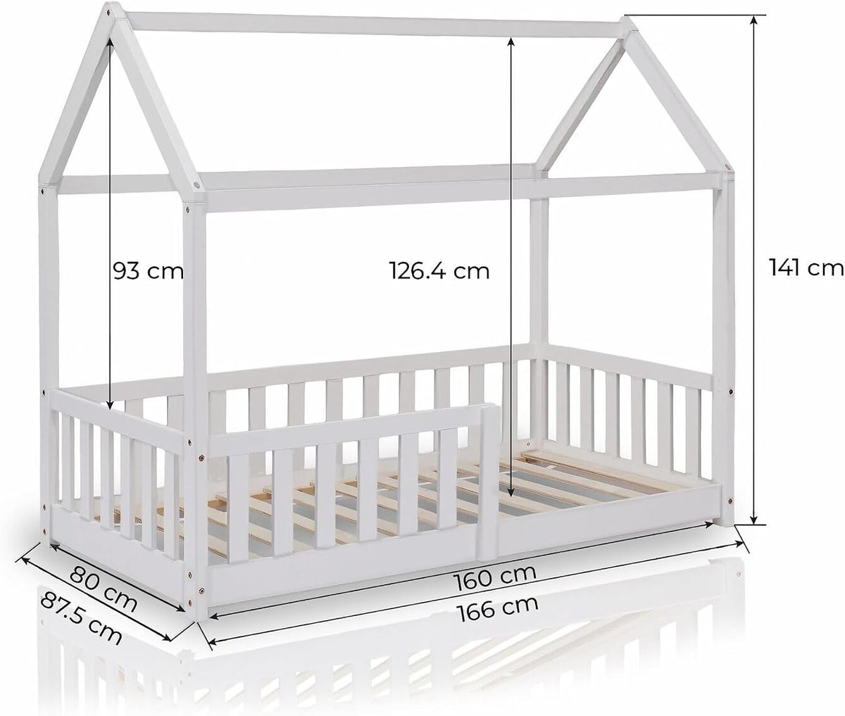 ecomi® Cama Infantil con Protección Anticaídas, Blanco, 80x160 cm