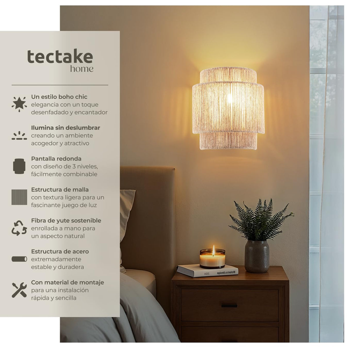 tectake® Lampara Techo Dormitorio Boho Artesanal en Yute Sostenible con Estructura de Acero, Lámpara de Techo Colgante Salón 40 W, Lampara Salon, Plafon - 45 x 45 x 27,5 cm