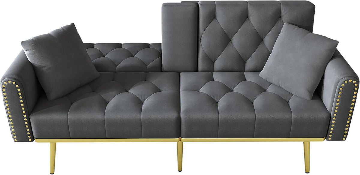 Azkoeesy Sofá cama de 2 plazas con soporte para bebidas, 175 cm, sofá cama con función de dormir, respaldo ajustable en 3 posiciones, patas metálicas doradas y remaches, para sala de estar y cine en
