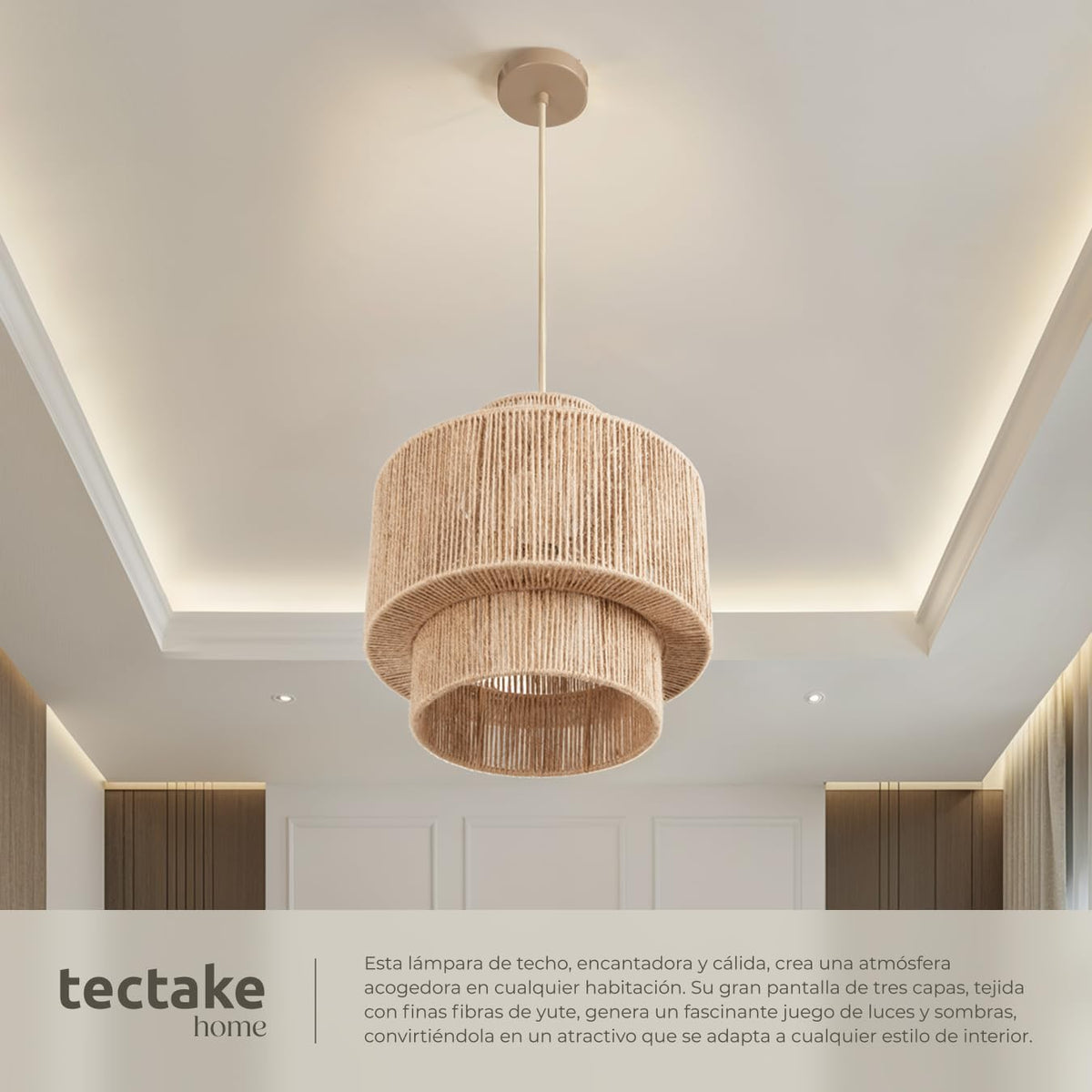 tectake® Lampara Techo Dormitorio Boho Artesanal en Yute Sostenible con Estructura de Acero, Lámpara de Techo Colgante Salón 40 W, Lampara Salon, Plafon - 45 x 45 x 27,5 cm