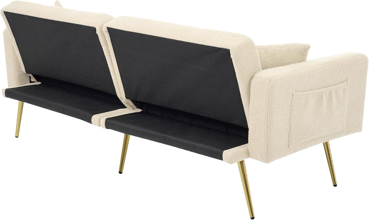 Sofá cama con esquinas ajustables, patas doradas, almohadas y bolsillos laterales para almacenamiento (Bavia)