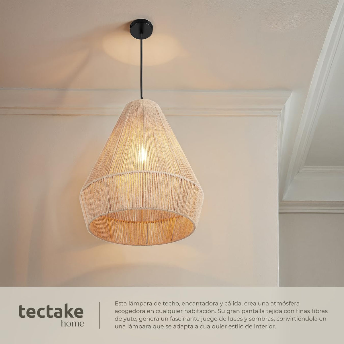tectake® Lampara Techo Dormitorio Boho Artesanal en Yute Sostenible con Estructura de Acero, Lámpara de Techo Colgante Salón 40 W, Lampara Salon, Plafon - 45 x 45 x 27,5 cm