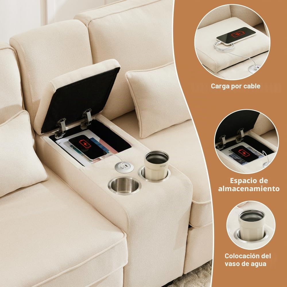 Lubvtti Sofá moderno de 4 plazas con bolsillos para reposabrazos y 4 cojines, con consola, 2 portavasos y 2 enchufes USB, de lino, adecuado para muchas ocasiones (Dark Gris+USB)