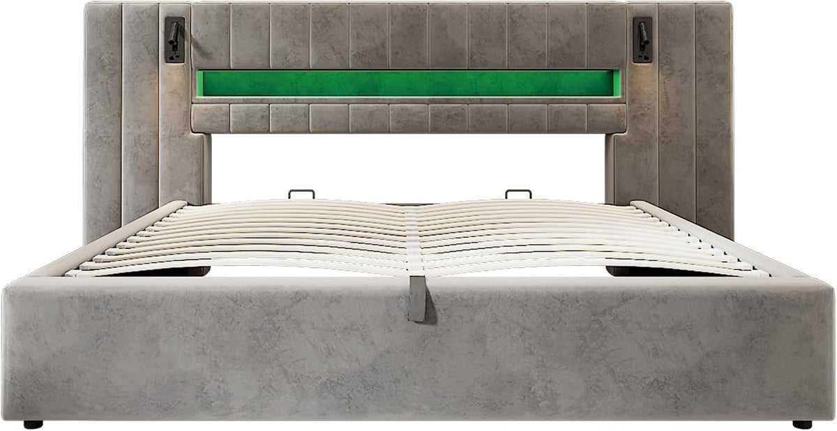 Cama 180x200 cm Camas Matrimoniales con LED y Lámpara de Noche, Cama Doble Tapizada con USB y Cabecero Ancho, Almacenaje Hidráulico, Soporte de Lamas de Madera, Terciopelo, Sin Colchón, Gris
