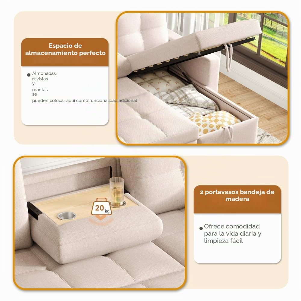 Sofá esquinero extensible en forma de L con puerto USB y portavasos, sofá cama de 4 plazas con función cama, sofá convertible con espacio de almacenamiento y reposabrazos, cojines, chenilla
