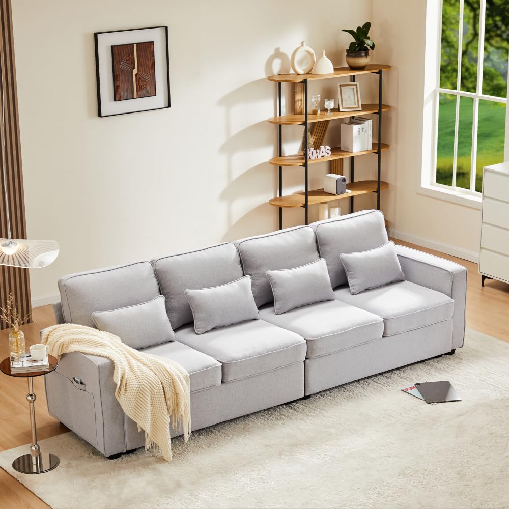 Lubvtti Sofá moderno de 4 plazas con bolsillos para reposabrazos y 4 cojines, con consola, 2 portavasos y 2 enchufes USB, de lino, adecuado para muchas ocasiones (Dark Gris+USB)