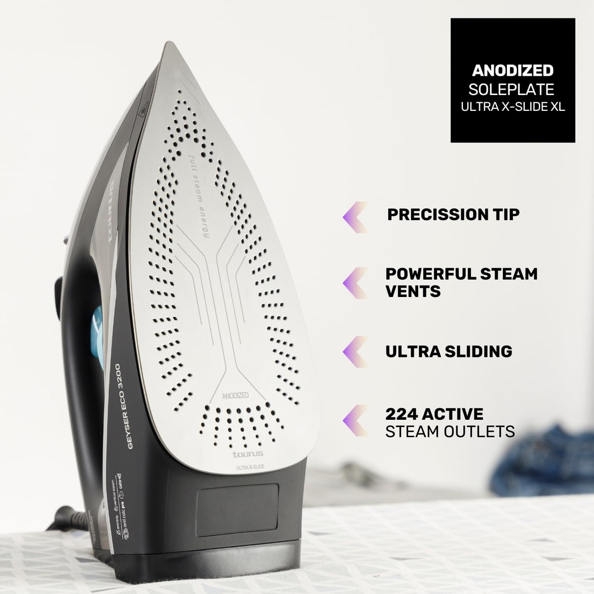 Taurus - Plancha de Vapor 3200W, Golpe Vapor 220g, Antical, Suela X-Slide
