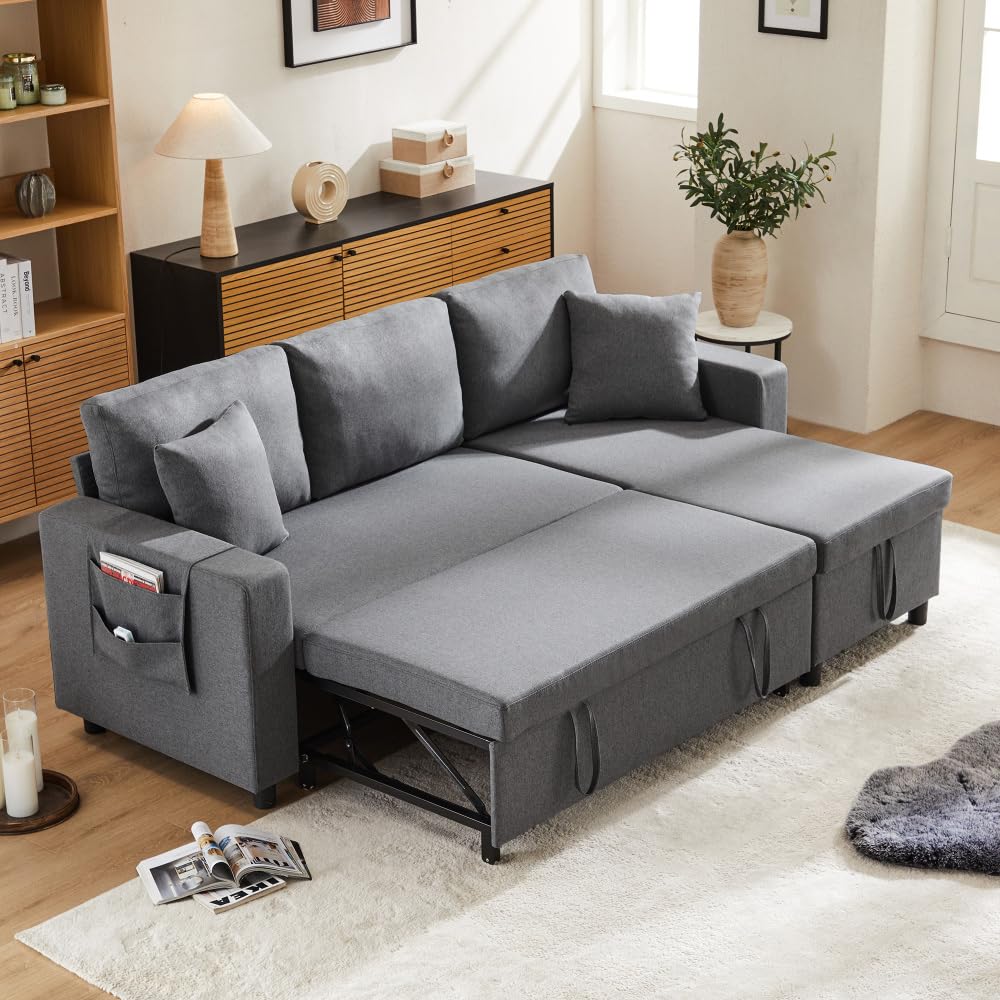 Sofá esquinero extensible en forma de L con puerto USB y portavasos, sofá cama de 4 plazas con función cama, sofá convertible con espacio de almacenamiento y reposabrazos, cojines, chenilla