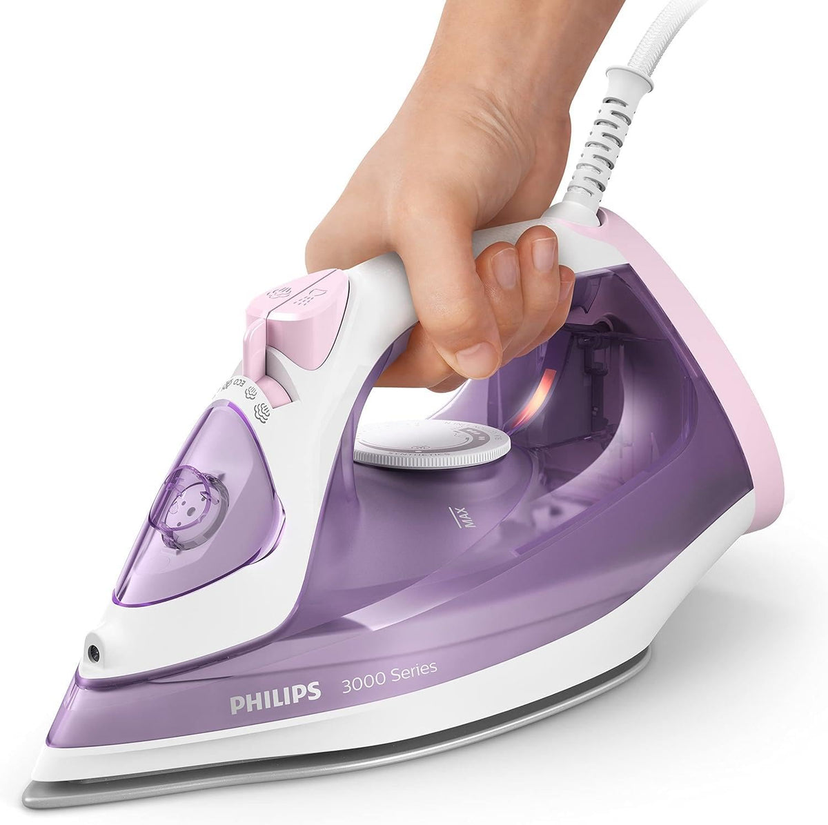 Philips Serie 5000 Plancha de Vapor, 2400W de Potencia, 45g/min, Golpe de Vapor 180g, Vapor Vertical, Suela SteamGlide Plus, Negro/Púrpura (DST5030/80)