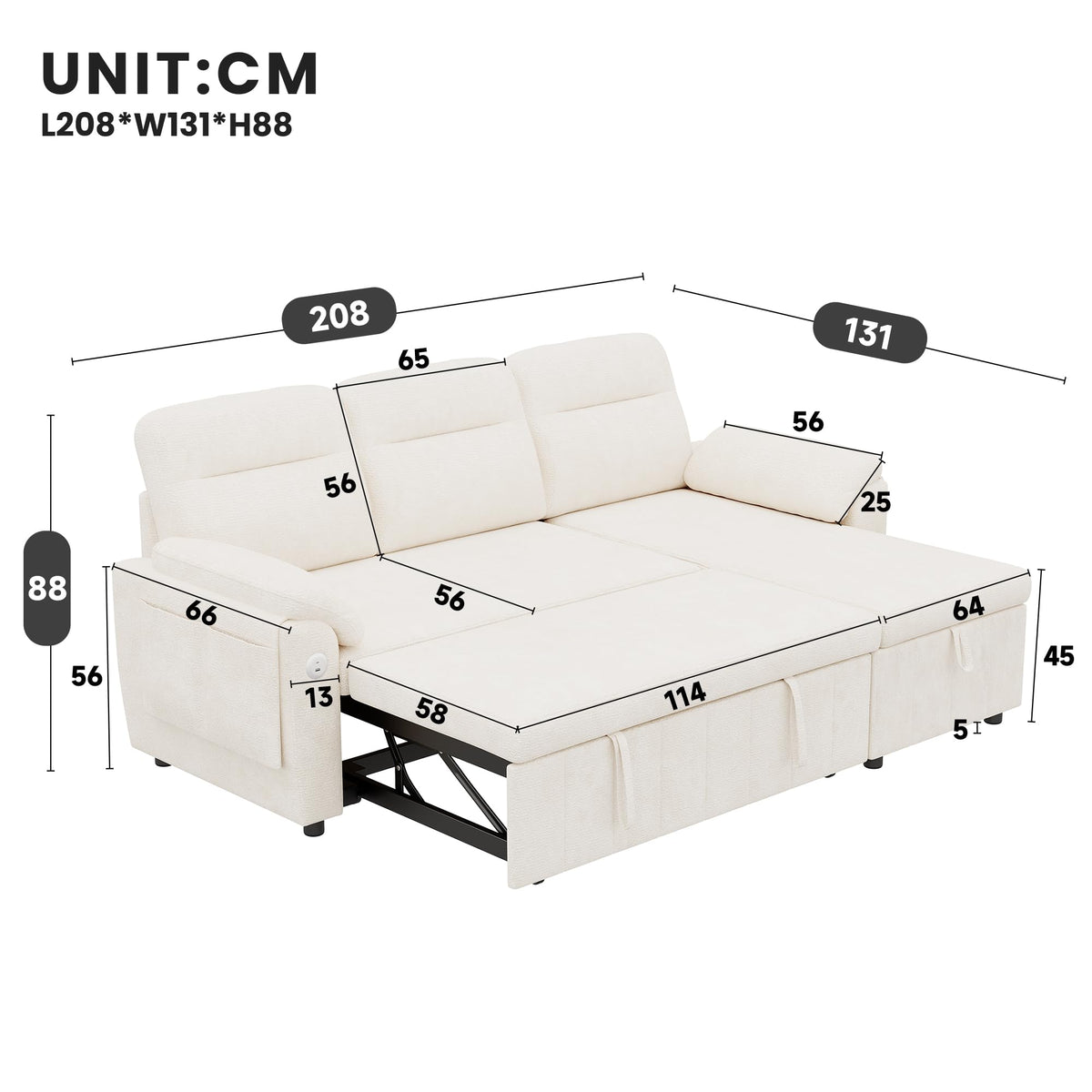 Sofá modular de 3 plazas con función cama extensible y USB/Type-C, sofá esquinero en forma de L con reposacabezas semifijos y compartimento de almacenamiento, sofás con chaise longue