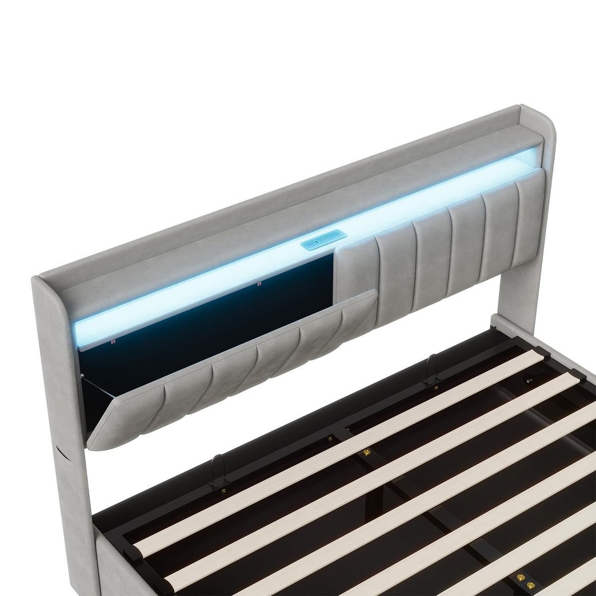 Cama tapizada de 160 x 200 cm, cama doble LED con espacio de almacenamiento, cabecero y función de carga USB C, cama de almacenamiento hidráulico, respaldo con somier de láminas de madera