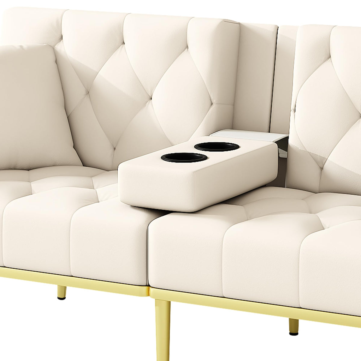 Azkoeesy Sofá cama de 2 plazas con soporte para bebidas, 175 cm, sofá cama con función de dormir, respaldo ajustable en 3 posiciones, patas metálicas doradas y remaches, para sala de estar y cine en