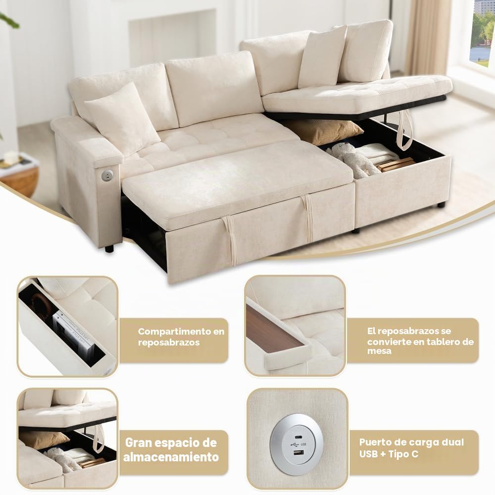 Sofá esquinero extensible en forma de L con puerto USB y portavasos, sofá cama de 4 plazas con función cama, sofá convertible con espacio de almacenamiento y reposabrazos, cojines, chenilla