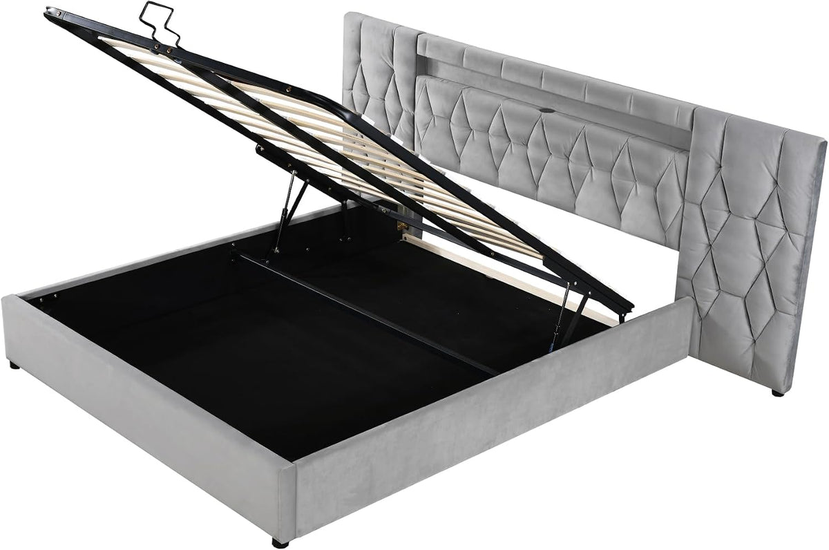Elegante cama tapizada de 160 x 200 cm, con respaldo grande, cama de terciopelo con LED y enchufe USB, cama clásica, sistema de almacenamiento hidráulico (gris)