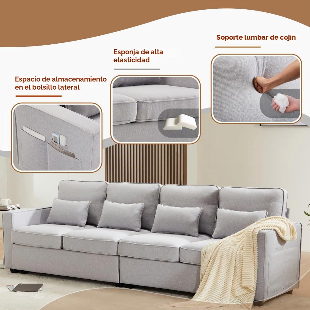 Lubvtti Sofá moderno de 4 plazas con bolsillos para reposabrazos y 4 cojines, con consola, 2 portavasos y 2 enchufes USB, de lino, adecuado para muchas ocasiones (Dark Gris+USB)