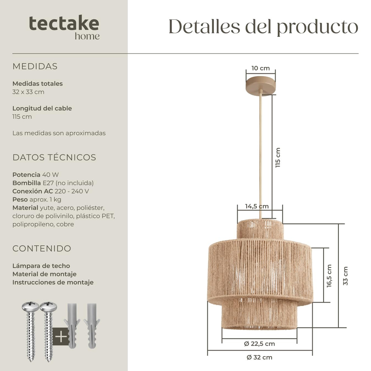 tectake® Lampara Techo Dormitorio Boho Artesanal en Yute Sostenible con Estructura de Acero, Lámpara de Techo Colgante Salón 40 W, Lampara Salon, Plafon - 45 x 45 x 27,5 cm