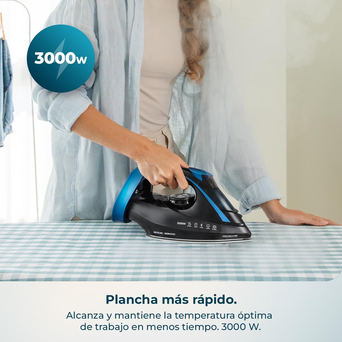 Cecotec Plancha de Ropa IronHero H-3000 Ceramic. Gran Potencia de 3000 W, Calentamiento Rápido, Suela Cerámica XXL, Elimina Arrugas Difíciles, Sistema Antical, Antigoteo y Apagado Automático
