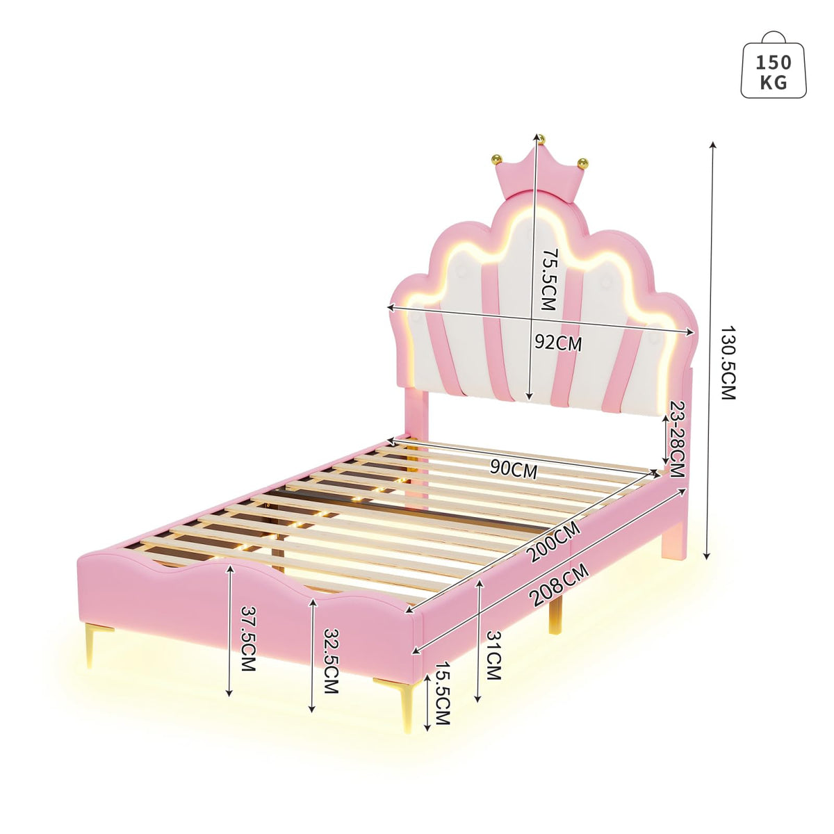 LIVLUX Cama Tapizada 90 x 200 cm, Cama Princesa con Cabezal LED Ajustable y Somier de Lamillas, Cama para Niña, Diseño en Forma de Corona para Niños y Adolescentes (Rosa, 90 x 200 cm)