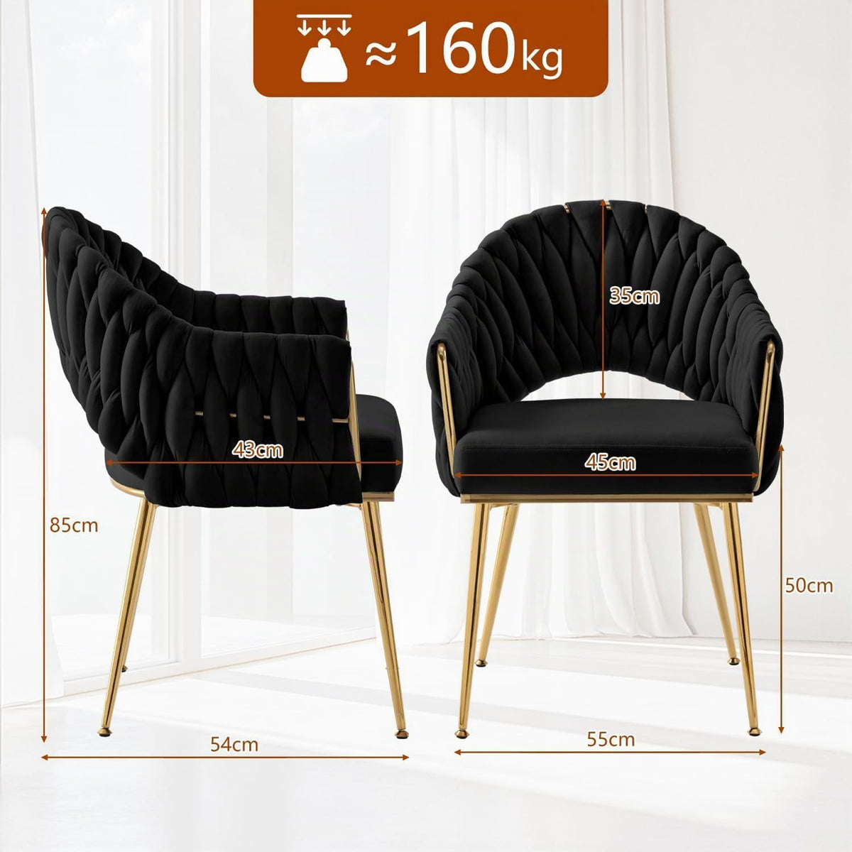 Juego de 4 sillas de comedor de terciopelo, sillones de salón, sillas de comedor con reposabrazos, sillas de cocina con respaldo alto trenzado a mano, silla de tocador con patas doradas