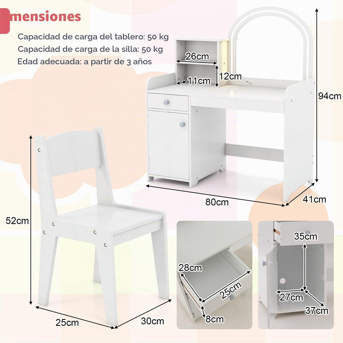 LIFEZEAL 2 en 1 Set de Tocador Niños, Tocador Infantil con Cajón y Estante, Mesa de Maquillaje con Espejo LED y Taburete, para Niñas a Partir de 3 Años