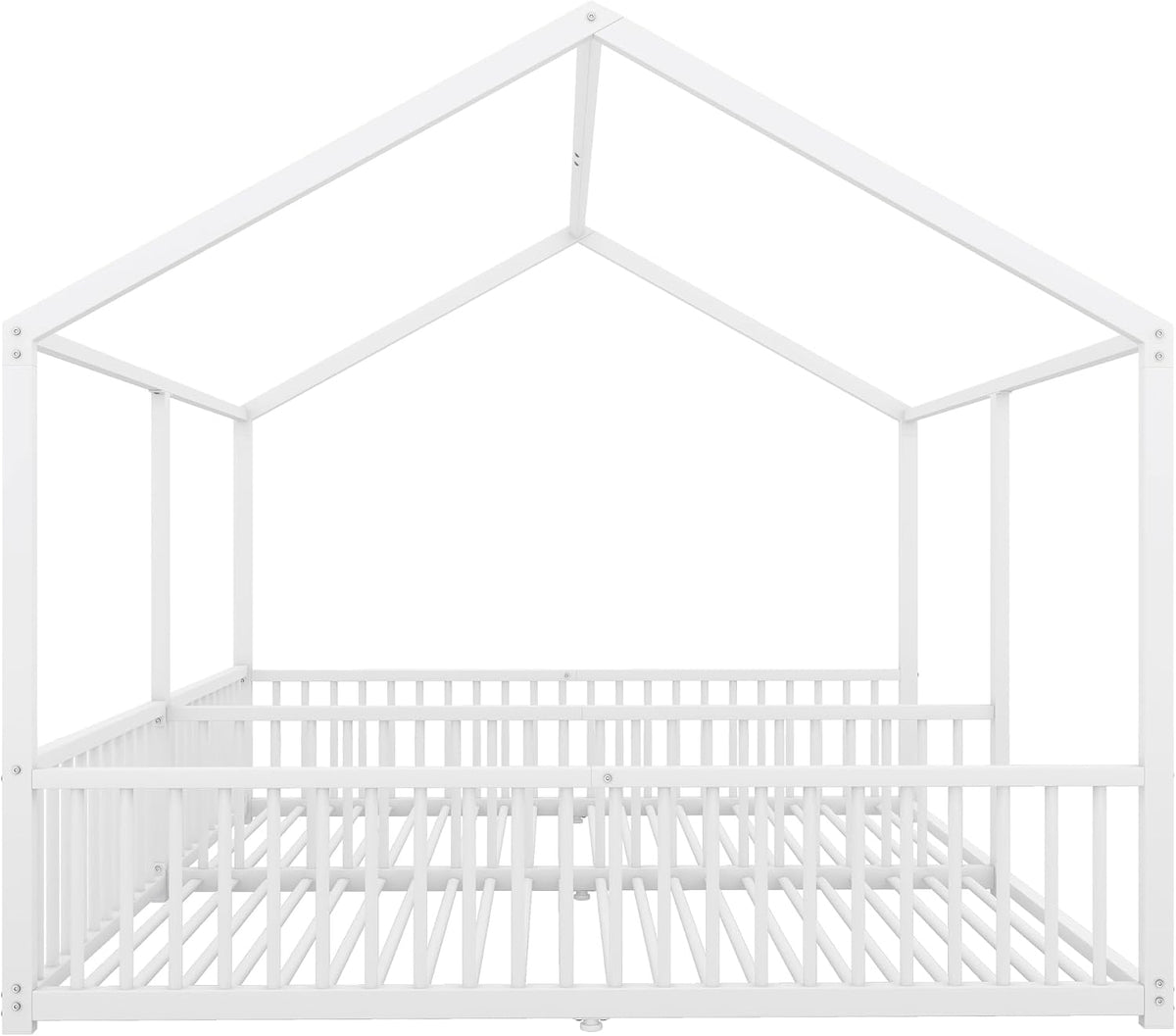 Cama infantil de 90 x 200 cm, dos camas de 90 cm con protección anticaídas, cama doble con modelado de casa, marco de hierro, color blanco, ideal para 2 niños
