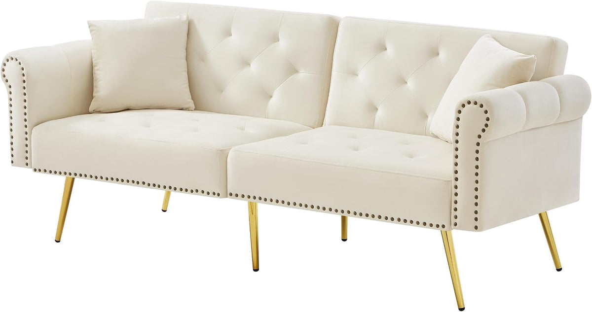 Sofá cama moderno de 2 plazas, tapizado en terciopelo, respaldo ajustable en 3 niveles y patas de metal doradas, elegante sofá con función de dormir, ahorra espacio, resistente, 173 x 75 x 70 cm