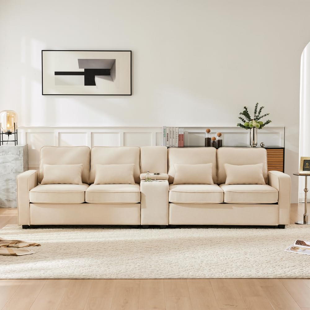Lubvtti Sofá moderno de 4 plazas con bolsillos para reposabrazos y 4 cojines, con consola, 2 portavasos y 2 enchufes USB, de lino, adecuado para muchas ocasiones (Dark Gris+USB)