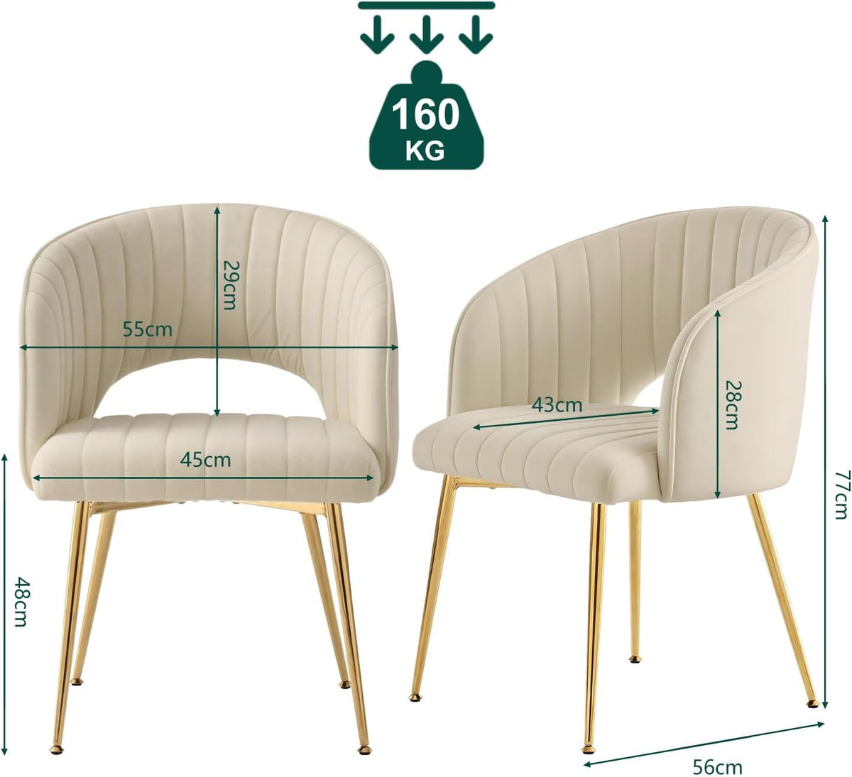 Juego de 6 sillas de comedor de terciopelo, sillas tapizadas con reposabrazos, patas doradas, sillas de cocina, para salón, dormitorio, oficina (6, blanco crema)
