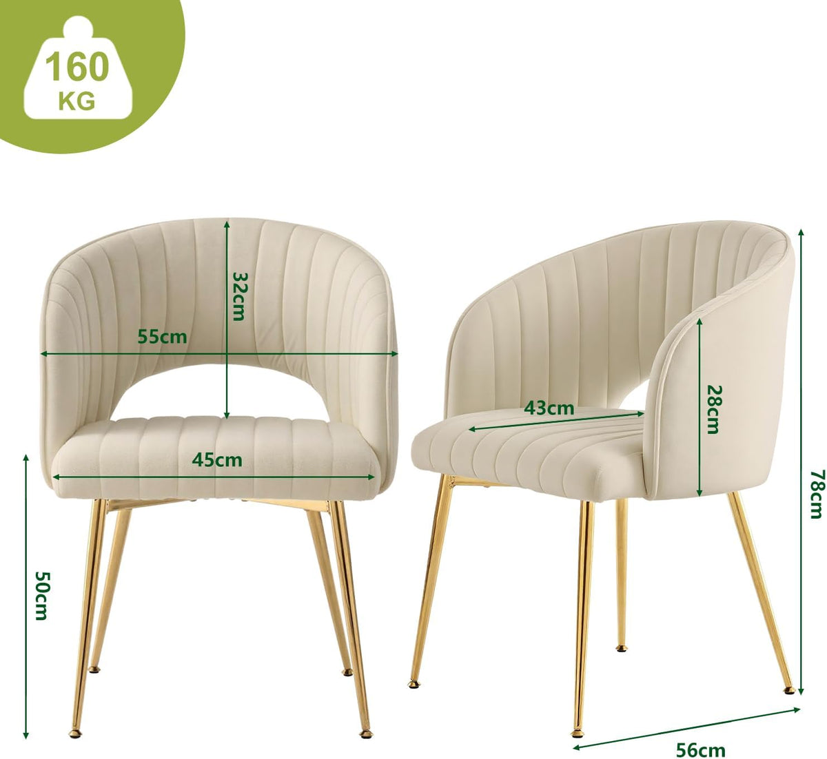 Juego de 6 sillas de comedor de terciopelo, sillas tapizadas con reposabrazos, patas doradas, sillas de cocina, para salón, dormitorio, oficina (6, blanco crema)
