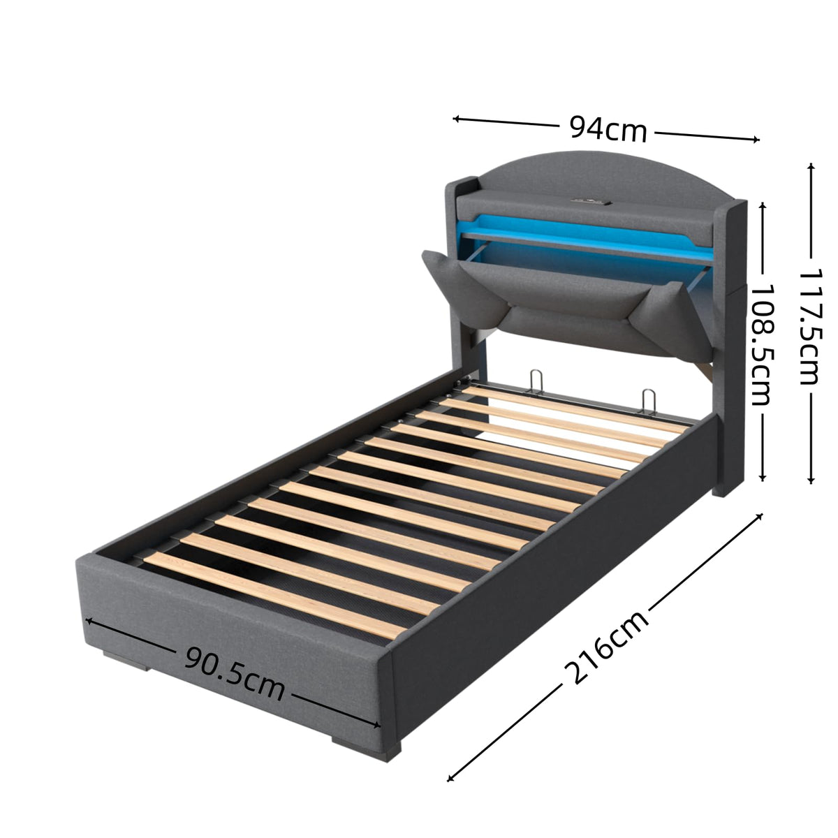 Cama 90x200 cm con Almacenamiento, Cama Individual con LED, Puertos USB y Type-C, Somier 90x200 Hidráulico, Camas Juveniles Camas Infantiles con Cabecero, Lino, Beige, Colchón No Incluido