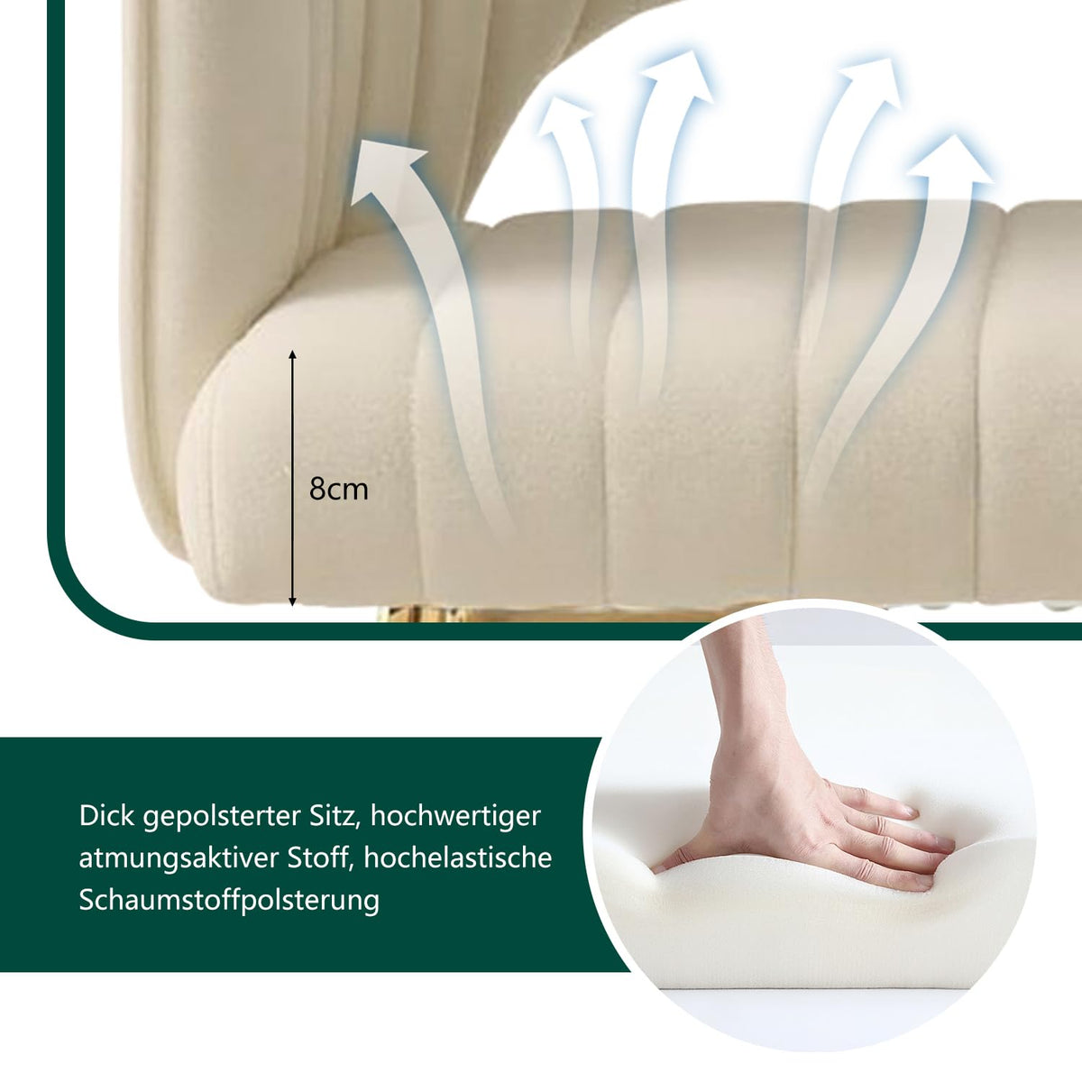 Juego de 6 sillas de comedor de terciopelo, sillas tapizadas con reposabrazos, patas doradas, sillas de cocina, para salón, dormitorio, oficina (6, blanco crema)