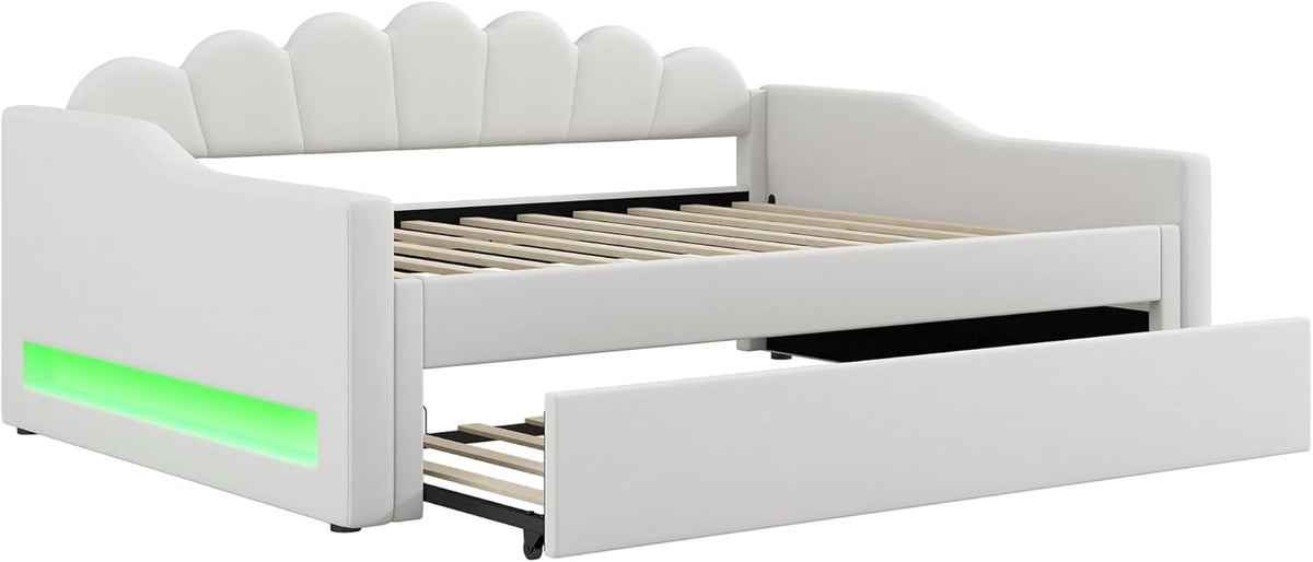 Cama acolchada de 140 x 200 cm con cinturón LED y cama nido (beige)