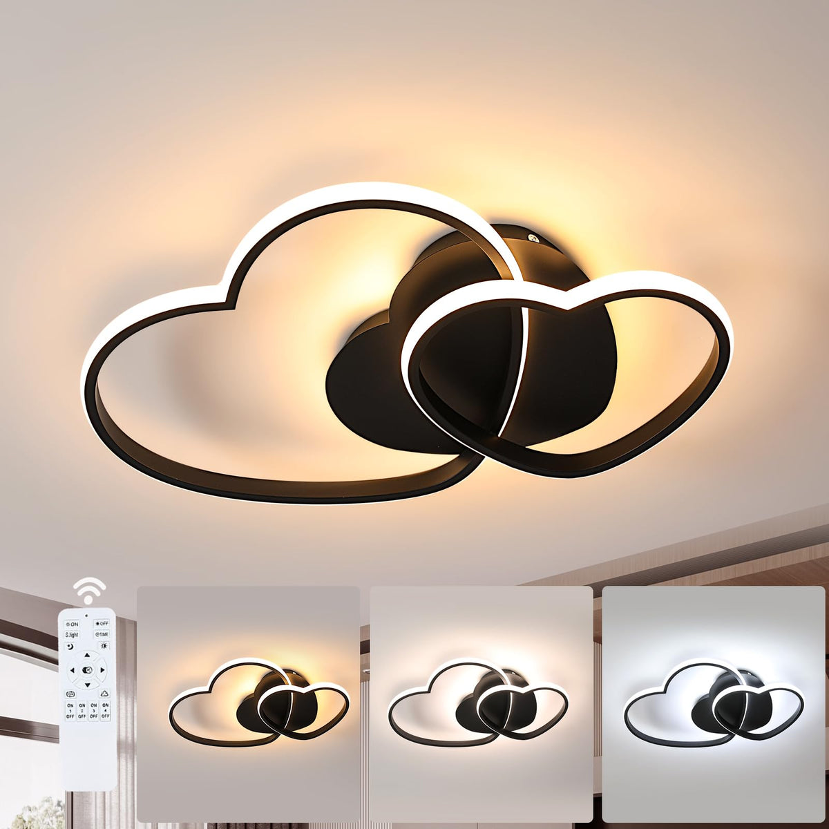 Riserva Plafon Techo LED Regulable 48W, Forma de Corazón, 3000K-6500K, Oro