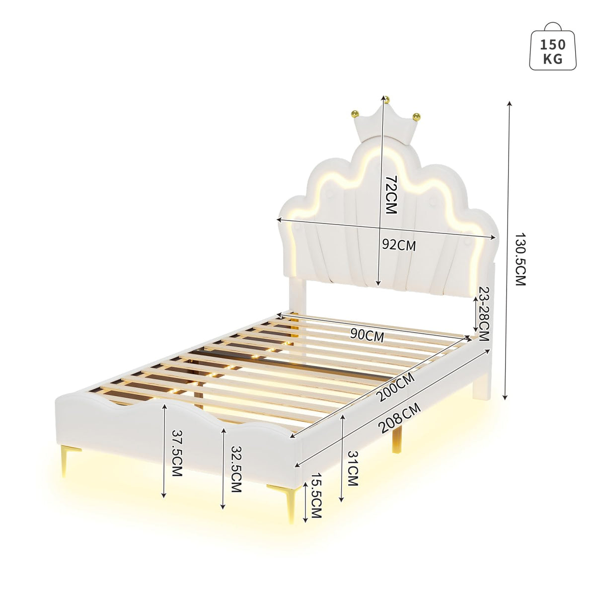 Cama Infantil tapizada 140 x 200 cm con LED, Cama tapizada para niños 140 x 200 con cabecera Ajustable Marco de Camas, Camas de Princesa para Niña en Forma de Corona con Somier(Rosa, 140 x 200)