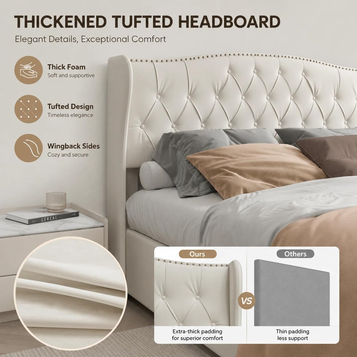 BRILVERDE Cama Tapizada 160x200 con Almacenamiento hidráulico, Cama matrimonial con lámpara de mesita, Cabecero Acolchado y Base de Láminas, Terciopelo (Beige, 160 x 200 cm)
