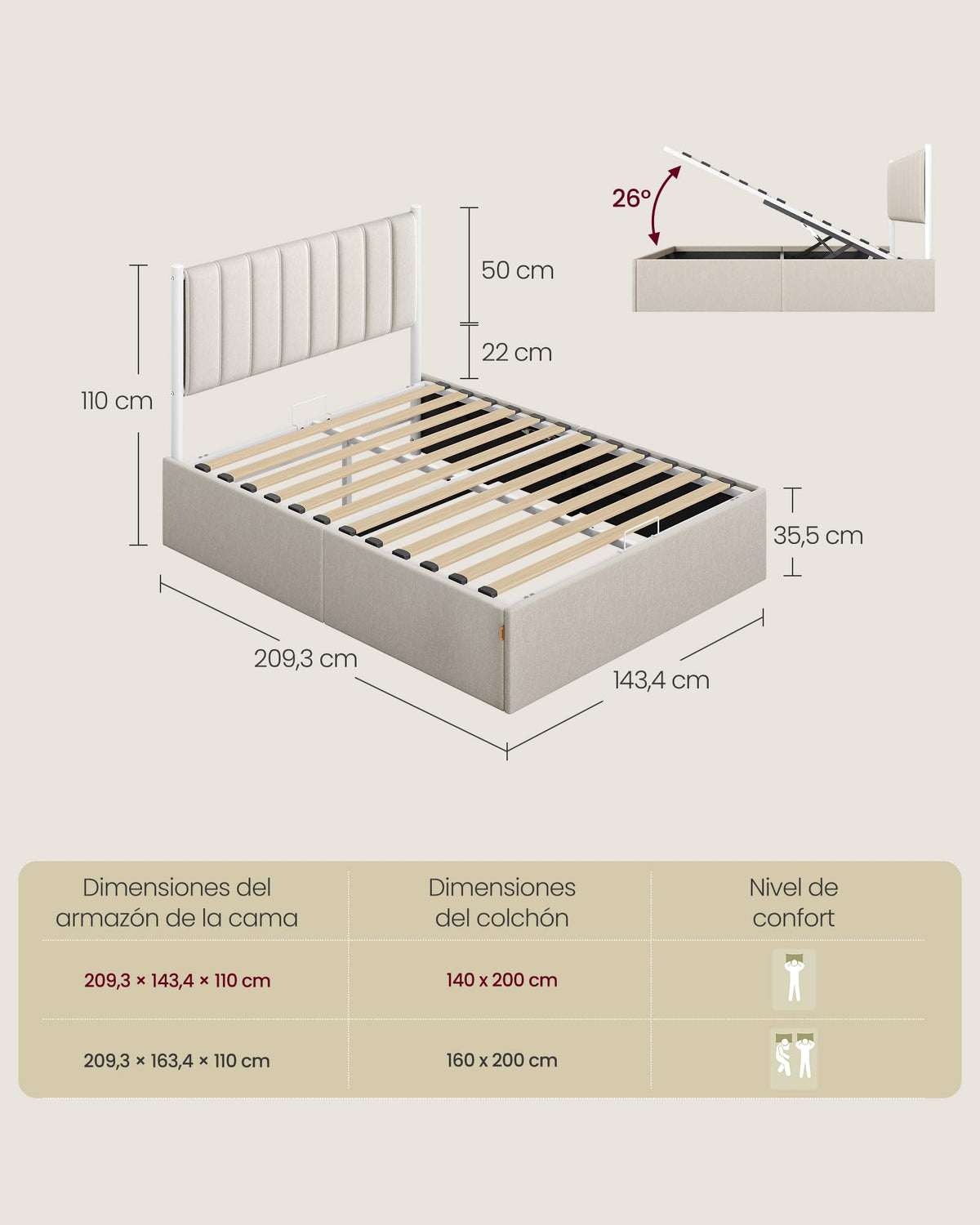 VASAGLE Estructura de Cama, 160 x 200 cm, Cama Elevable, 2 Personas, con Almacenaje, Cabecero, Sistema Hidráulico, Moderno y Minimalista, Fácil Montaje, Beige Capuchino RMB615LH01