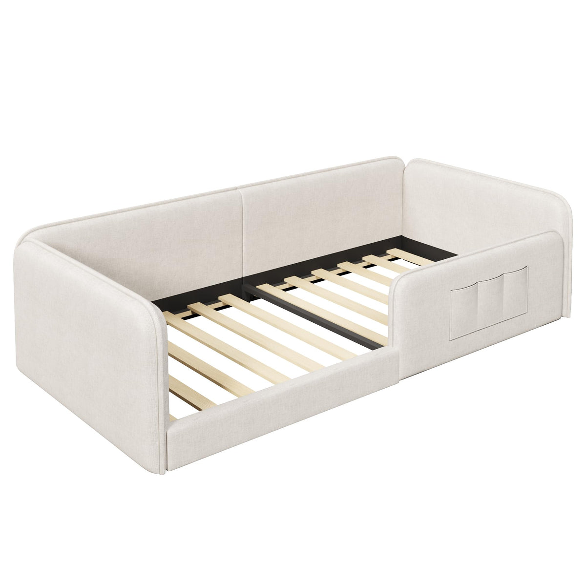 Cama con plataforma 90 x 200 cm con funda de lino suave, acolchado de espuma con marco de seguridad integral, color gris
