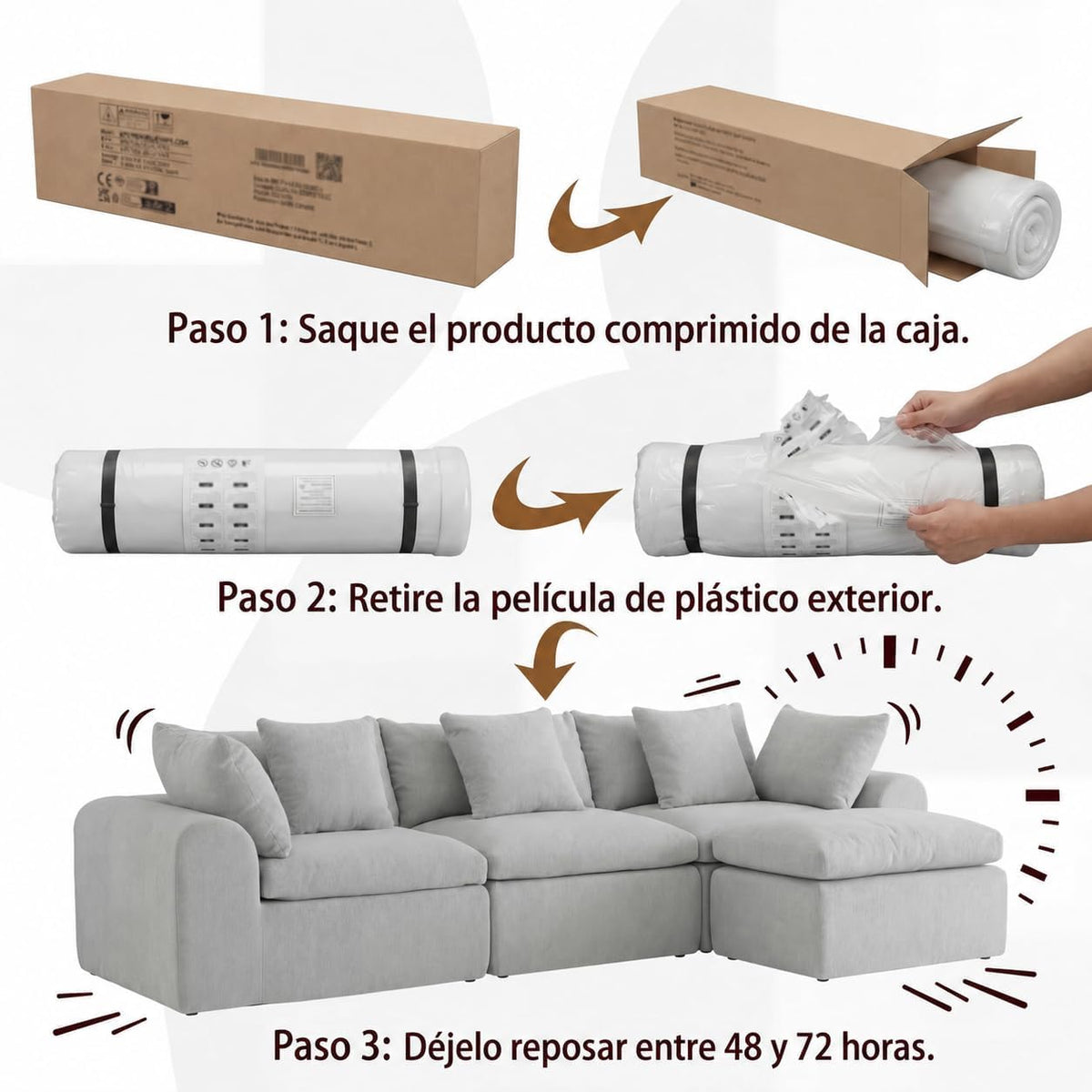 Sofá cama con respaldo en forma de L de 275 cm, 4 plazas, de terciopelo nube, con otomana izquierda y derecha, sin montaje, moderno sofá de salón para salón (gris)