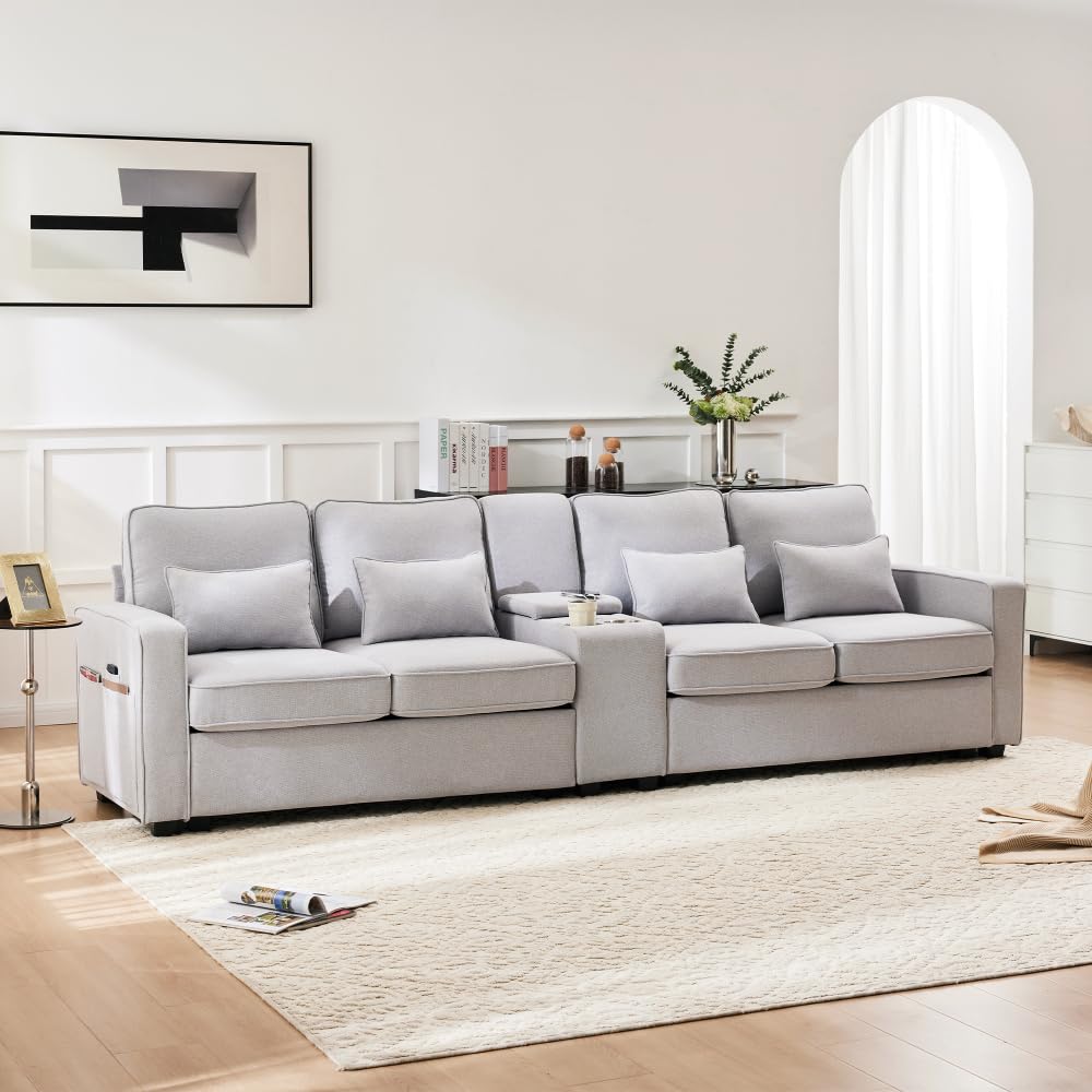 Lubvtti Sofá moderno de 4 plazas con bolsillos para reposabrazos y 4 cojines, con consola, 2 portavasos y 2 enchufes USB, de lino, adecuado para muchas ocasiones (Dark Gris+USB)