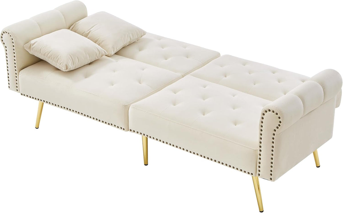 Sofá cama moderno de 2 plazas, tapizado en terciopelo, respaldo ajustable en 3 niveles y patas de metal doradas, elegante sofá con función de dormir, ahorra espacio, resistente, 173 x 75 x 70 cm