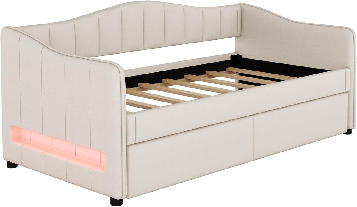 Cama de día, 90 x 200 cm, con cama extraíble, sofá cama, cama individual (sin colchón), diseño de luz ambiental, lino, estilo minimalista (beige)