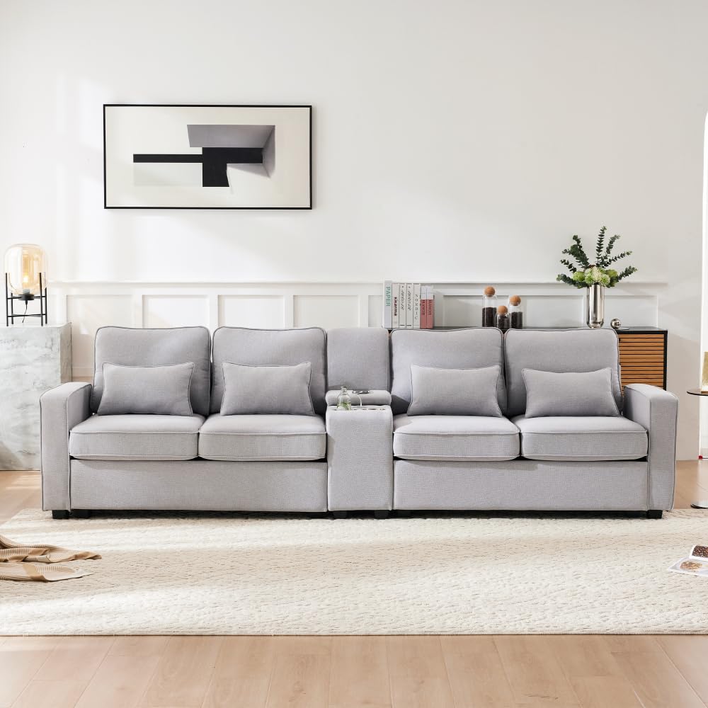 Lubvtti Sofá moderno de 4 plazas con bolsillos para reposabrazos y 4 cojines, con consola, 2 portavasos y 2 enchufes USB, de lino, adecuado para muchas ocasiones (Dark Gris+USB)