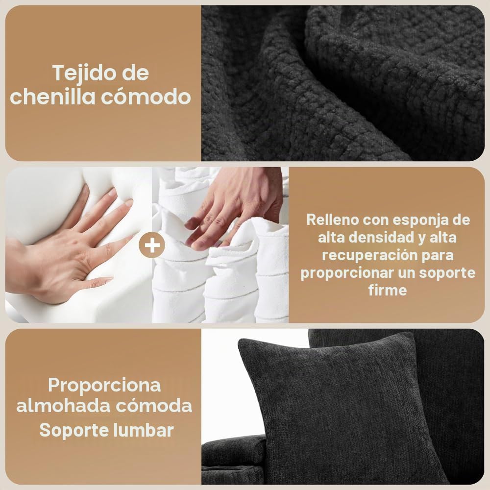 Sofá esquinero extensible en forma de L con puerto USB y portavasos, sofá cama de 4 plazas con función cama, sofá convertible con espacio de almacenamiento y reposabrazos, cojines, chenilla