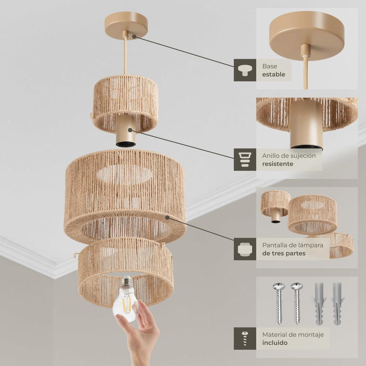 tectake® Lampara Techo Dormitorio Boho Artesanal en Yute Sostenible con Estructura de Acero, Lámpara de Techo Colgante Salón 40 W, Lampara Salon, Plafon - 45 x 45 x 27,5 cm