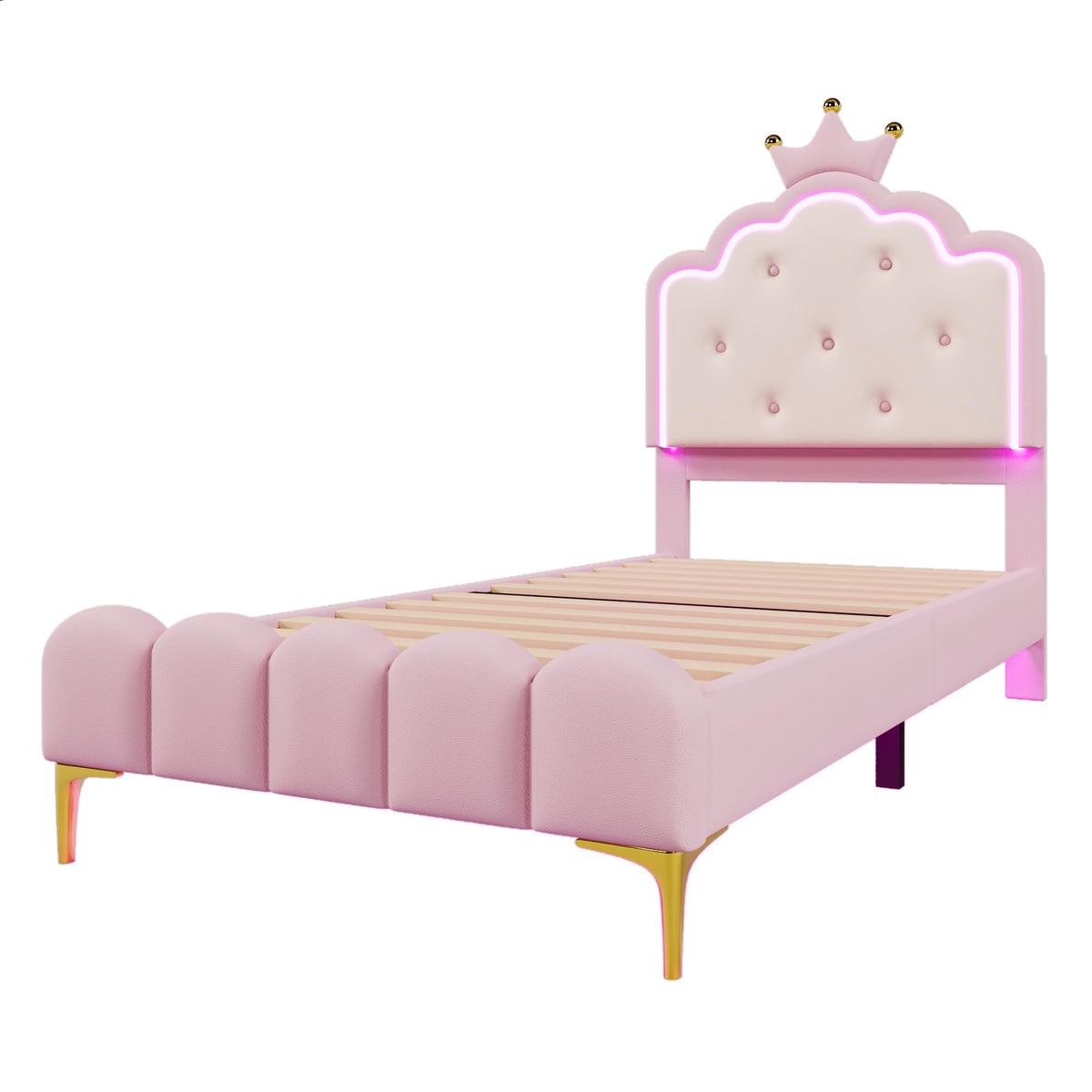 Kebnor Cama tapizada con somier, luz ambiental con mando a distancia, diseño de princesa heredera, material PU, color rosa (sin colchón) (140 x 200 cm)
