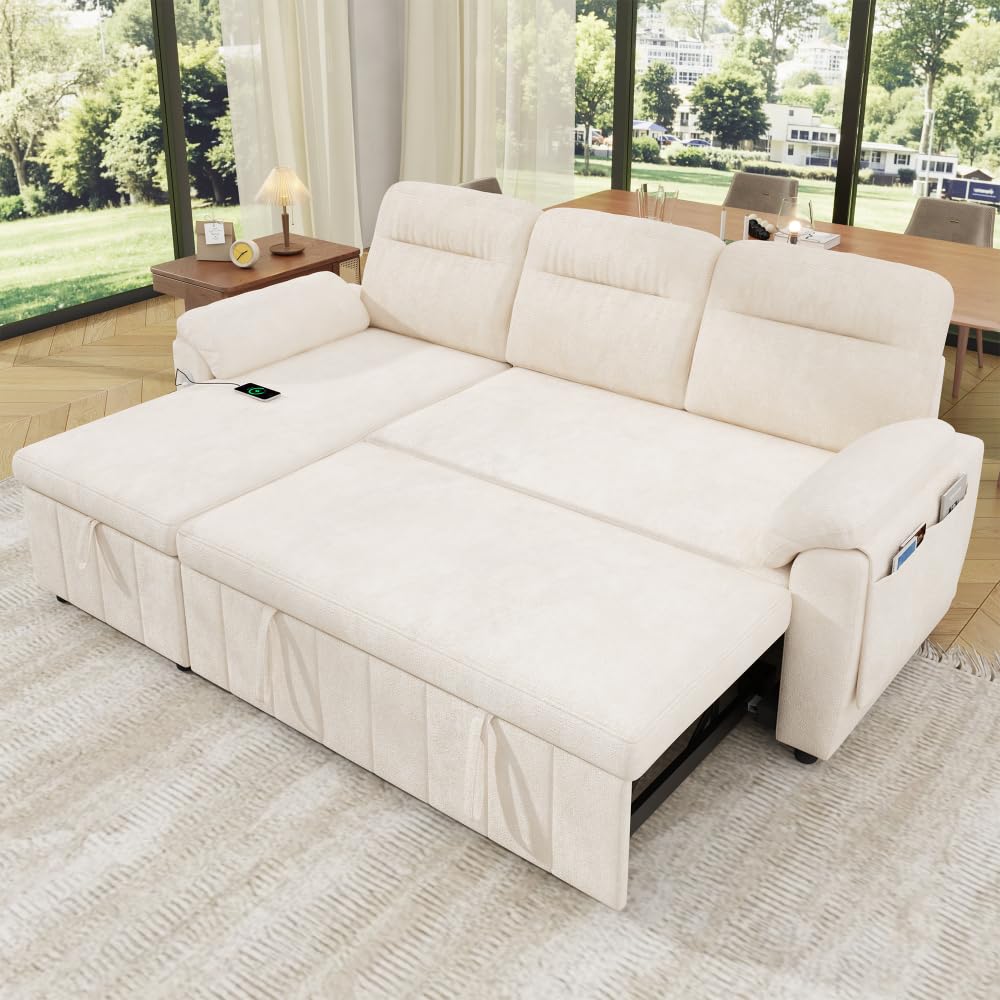 Bladez Sofá cama extensible en forma de L de lino con espacio de almacenamiento, soporte para bebidas, sofá modular de 3 plazas para salón (gris)
